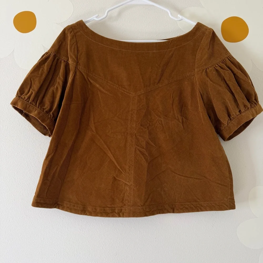 Free People Brown Corduroy Button Back Puff Boat Neck Top -Cording Around Blouse